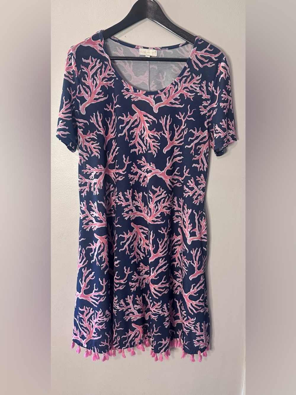Simply Southern Navy Dress or Swim Cover with Coral Print & Tassel Trim, Medium